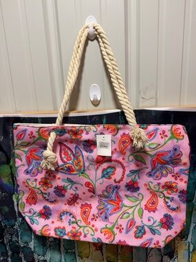 Floral Pink Rope-Handle Beach Tote Bag